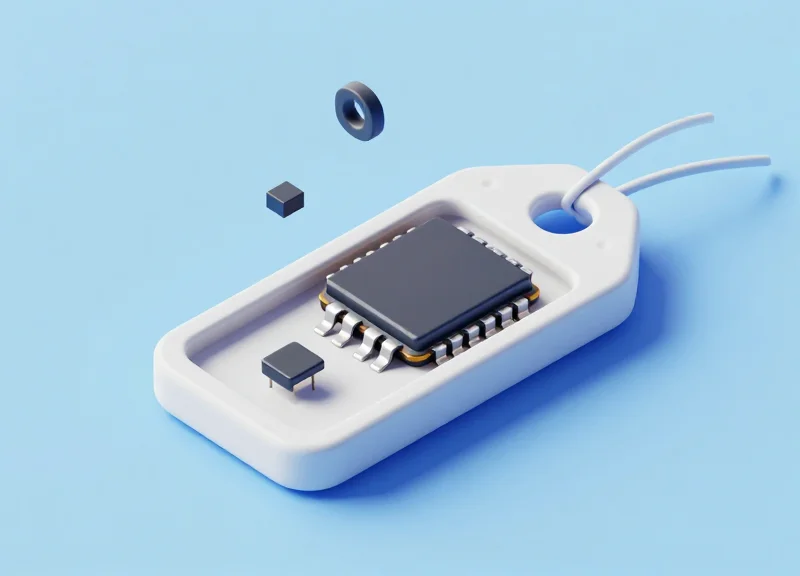 Isometric 3D model showing the internal layered construction of a rugged high-temperature RFID tag.