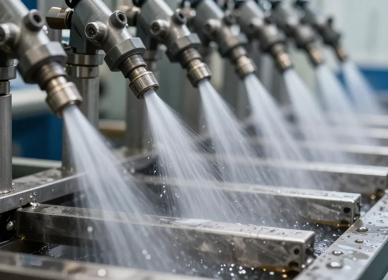 Close-up of industrial nozzles spraying liquid chemical pre-treatment onto metal components in a factory.