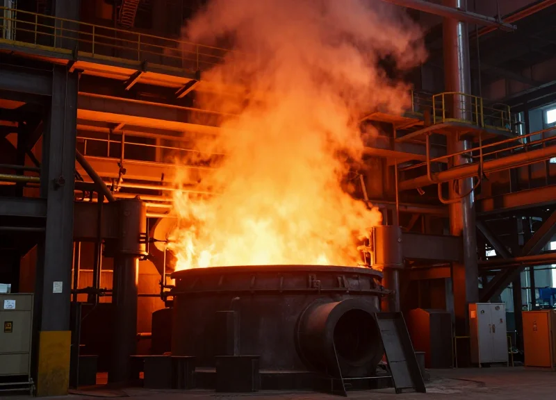 A high-temperature industrial furnace glowing with intense heat in a factory setting.