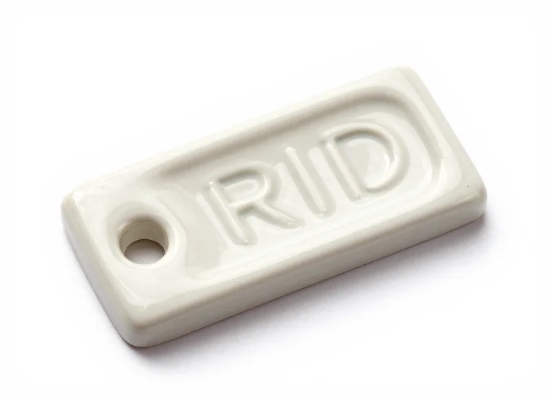 A macro shot of a passive ceramic RFID tag on a clean white background.
