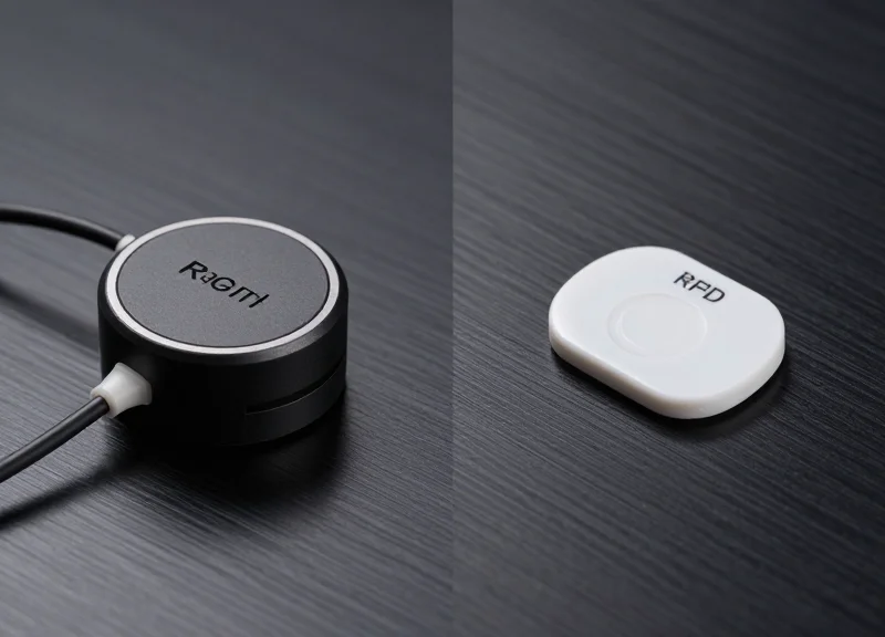 A visual comparison between a large active sensor and a compact ceramic RFID tag.