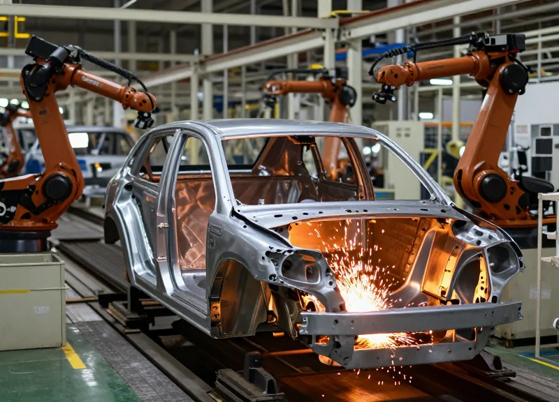 An automotive assembly line showing a vehicle frame moving through a high-temperature industrial oven.