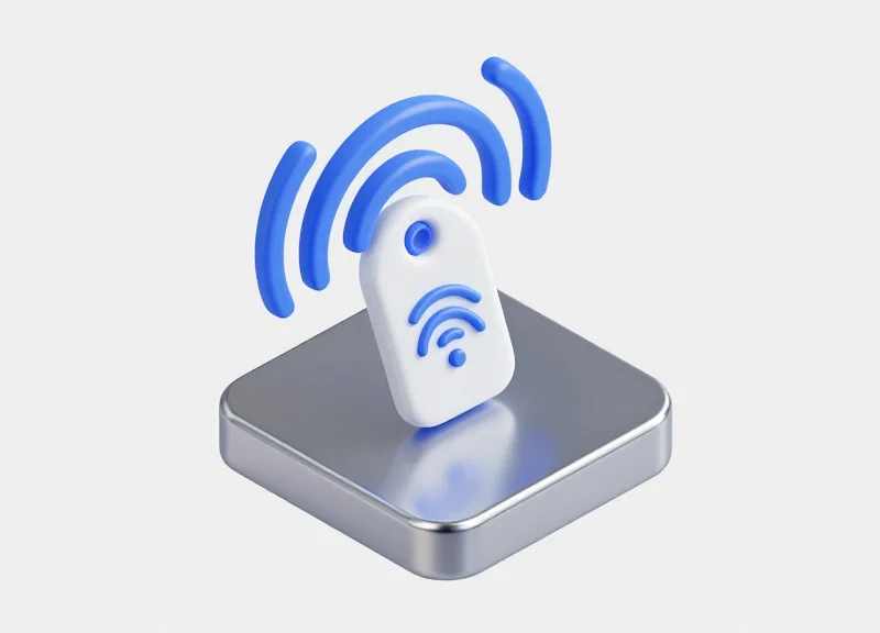 An isometric 3D illustration of an RFID tag functioning on a metal surface.