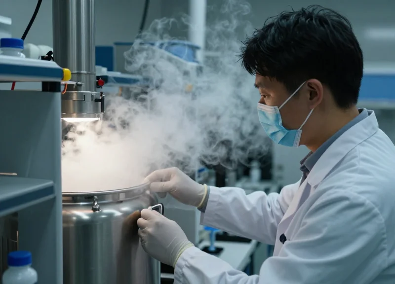 Professional laboratory technician handling a stainless steel cryogenic storage tank with visible nitrogen vapor.