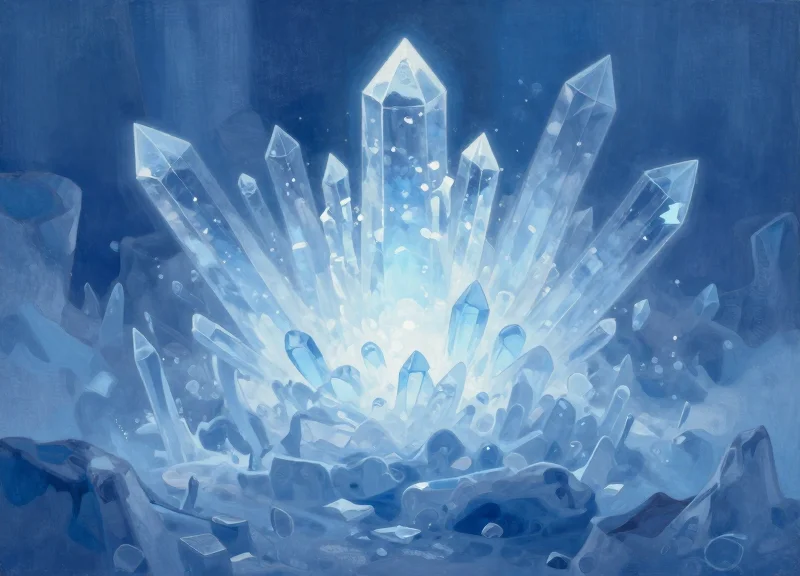 Surrealist art depicting the resilience of a small object amidst extreme crystalline cold.