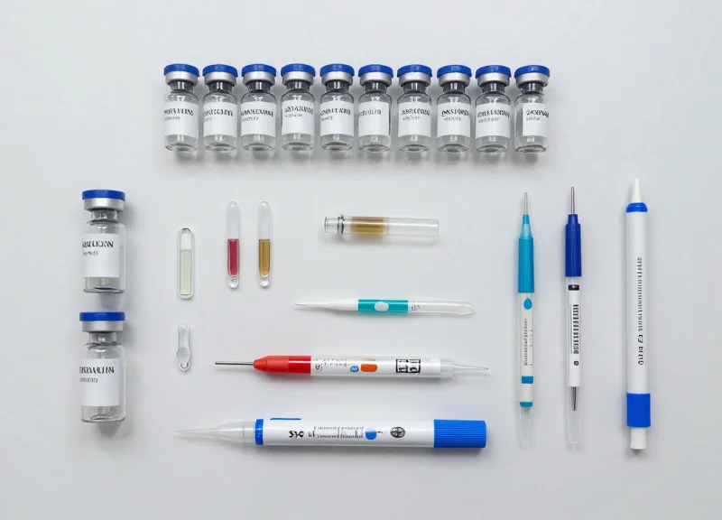 Neatly organized collection of medical cryo-vials and laboratory storage tools on a clean surface.
