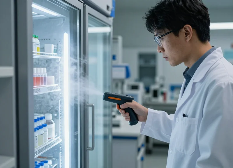 A scientist in a modern laboratory using a hand-held RFID scanner to inventory frozen samples inside a cold storage unit.