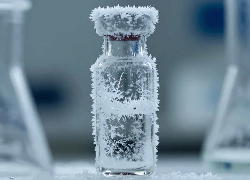 Close-up of a laboratory vial covered in frost and ice crystals to demonstrate adhesion failure in extreme cold.