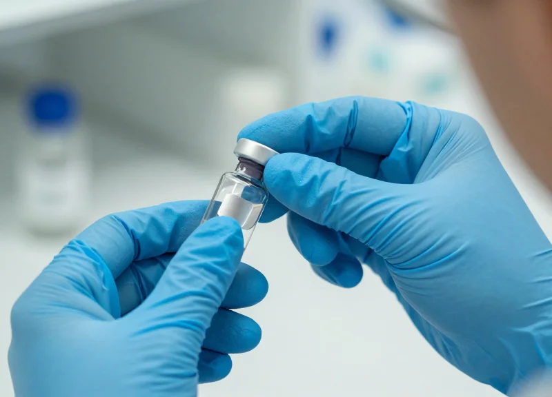 A gloved laboratory worker carefully applying an RFID label to a vial to ensure maximum contact.