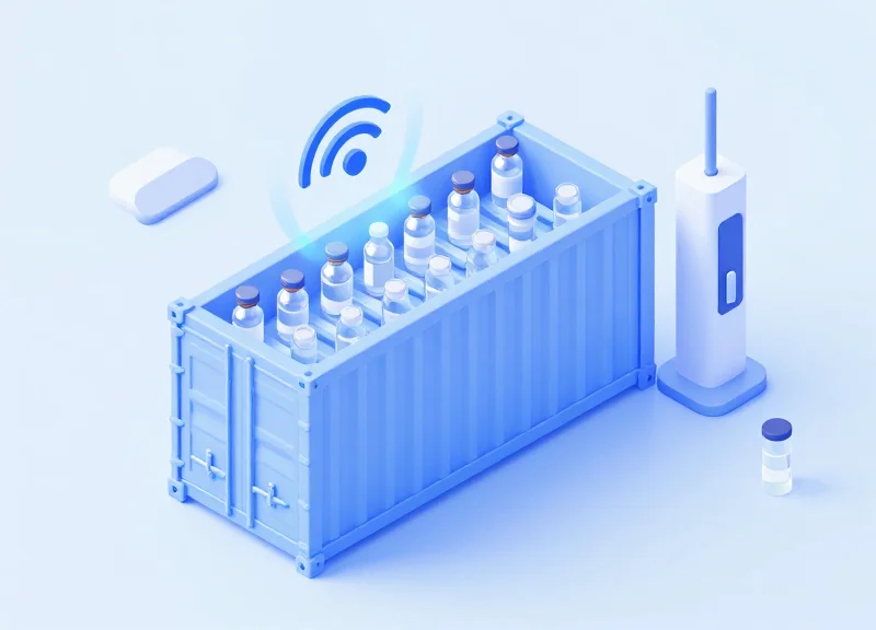 Isometric 3D view of a cryogenic storage container with wireless signals representing RFID data transmission.