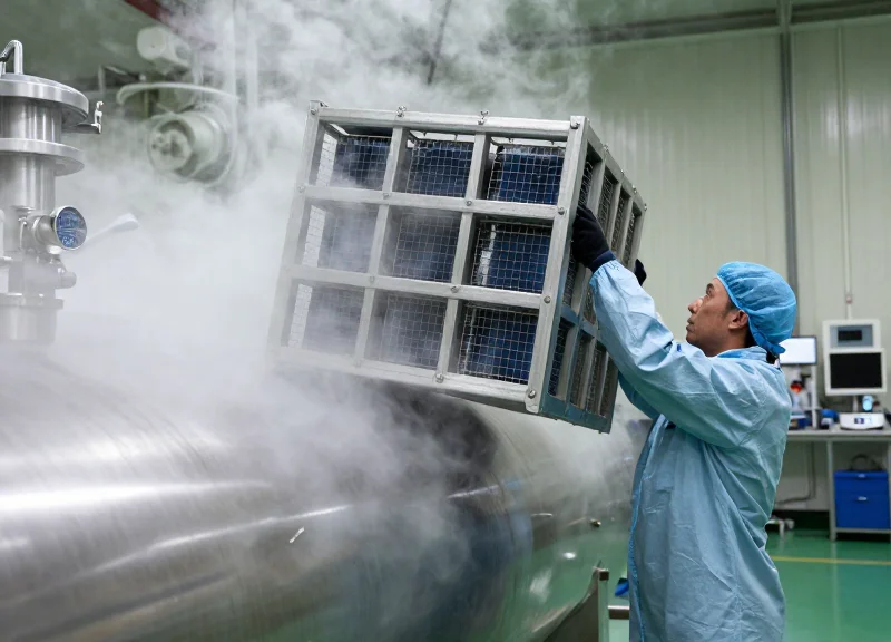 Laboratory technician handling a cryogenic rack with liquid nitrogen vapor.