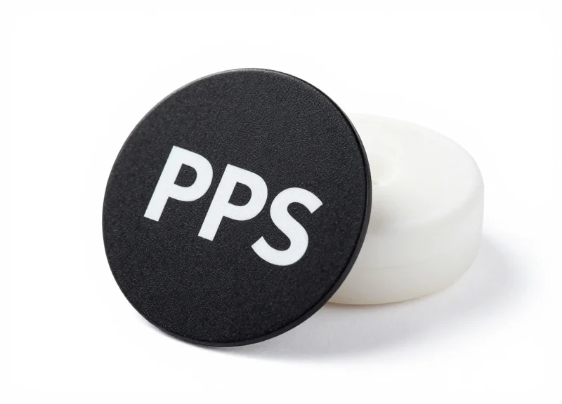 Two types of industrial RFID laundry tags, one black PPS and one white silicone, on a white background.
