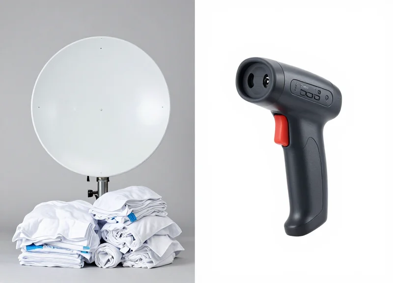 A split-screen view showing a large antenna scanning bulk linens vs a small handheld device scanning a single item.
