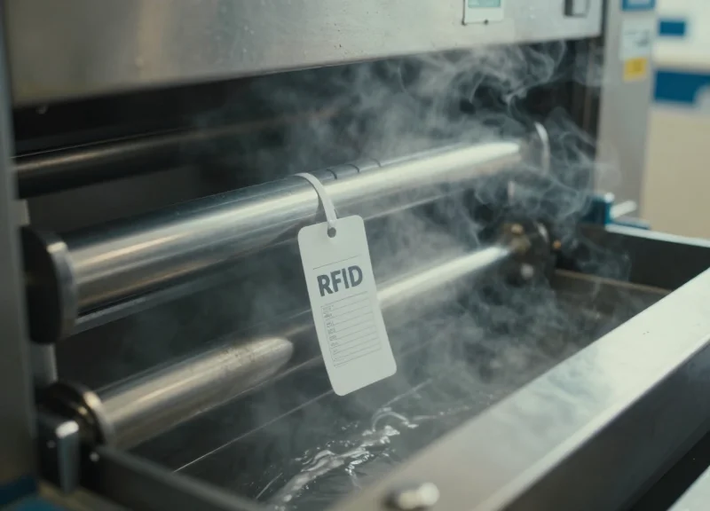 A close-up of an RFID tag being subjected to high-pressure steam in an industrial garment press.
