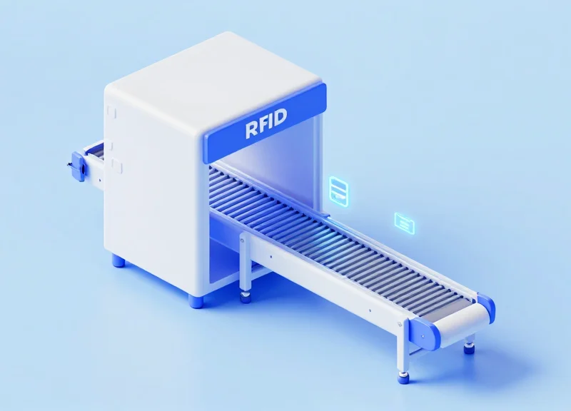 Isometric 3D illustration showing a laundry conveyor belt passing through an RFID scanning portal with floating data nodes.
