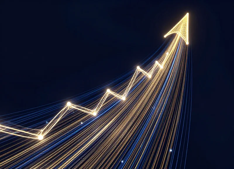 Abstract visual representing financial ROI and data growth with glowing upward trends.