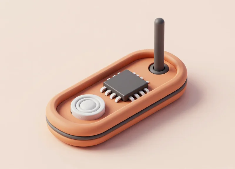 Isometric 3D exploded view of a rugged RFID tag showing its internal layers and components.