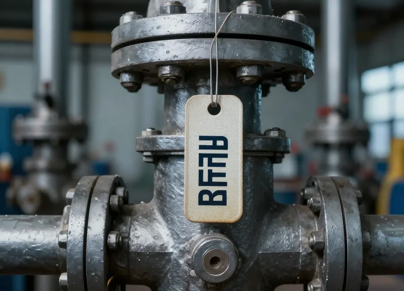 A rugged RFID tag mounted on a heavy steel valve in a high-pressure industrial facility.