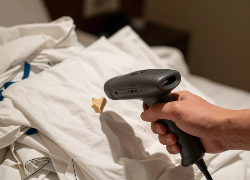 Close-up of a worker manually scanning a single barcode tag on a large pile of laundry.