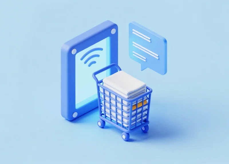 Isometric 3D view of an RFID scanning gate automatically tracking a cart of linens.