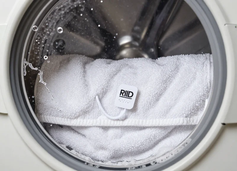 A durable RFID laundry tag attached to fabric inside a high-temperature industrial washer.