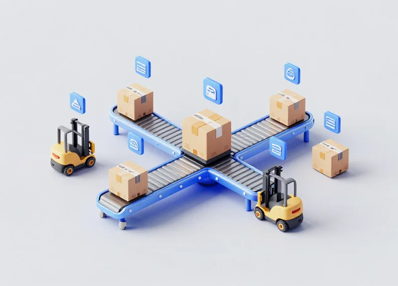 Isometric 3D model of a smart factory using RFID for logistics and inventory tracking.