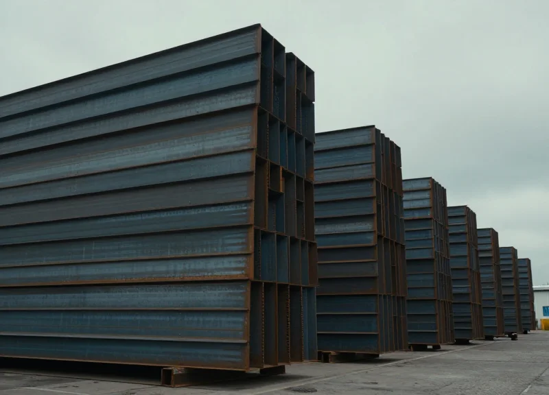 Wide shot of a massive industrial steel storage yard with towering stacks of beams, showing complex inventory management challenges.