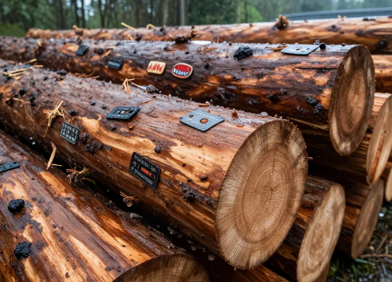 High-durability RFID tags attached to timber logs in a wet and muddy outdoor logging yard.
