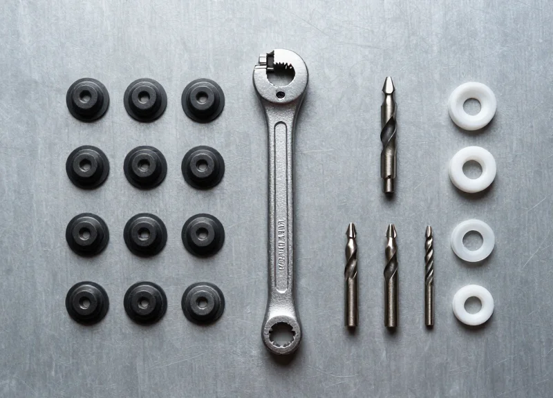 Neatly arranged tools and RFID tags including a torque wrench, drill bits, and mounting spacers on a steel workbench.