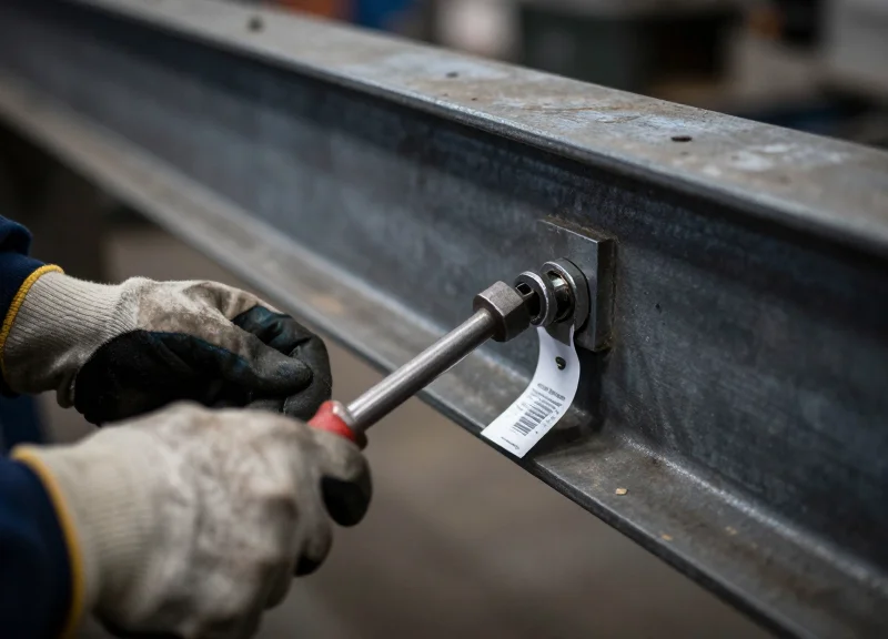 A technician using a torque wrench to precisely tighten an RFID bolt tag into a pre-drilled hole on a metal structure.