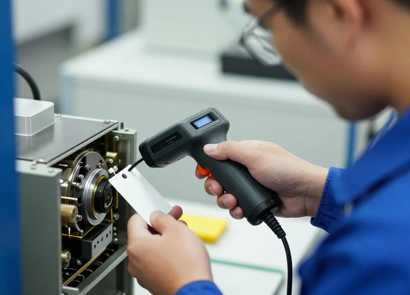 A person holding a handheld RFID reader scanning a bolt tag mounted on a machine, demonstrating proper alignment.