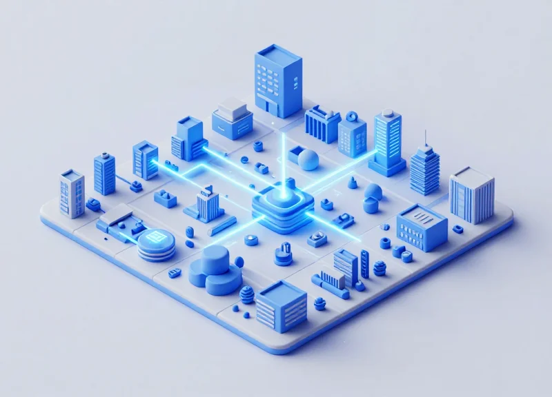 Isometric 3D model of a city management network showing interconnected modules of retail, transport, and utilities.