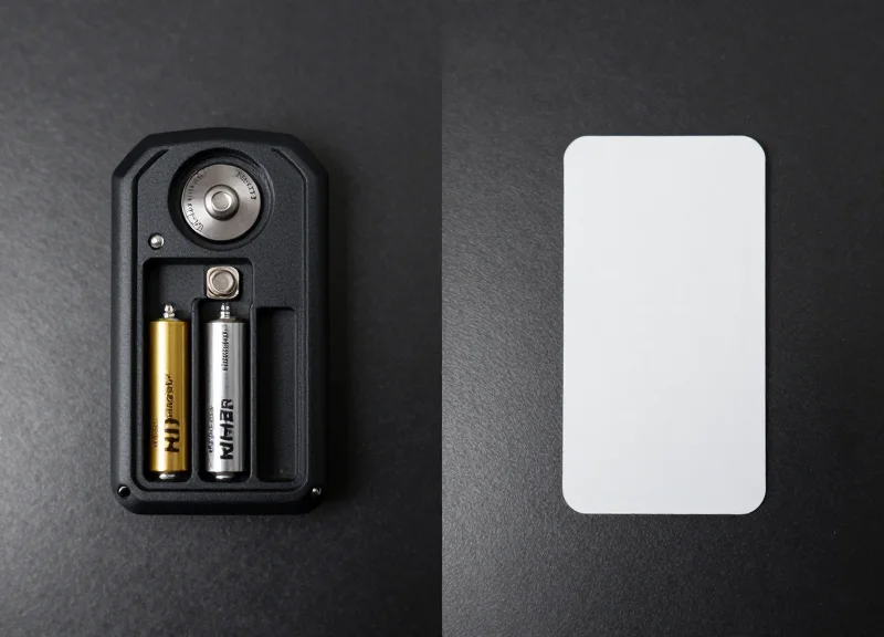 Side-by-side comparison of active RFID tags with batteries versus thin passive RFID labels