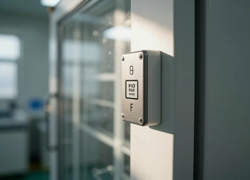 An industrial RFID temperature sensor tag mounted on a pharmaceutical storage unit