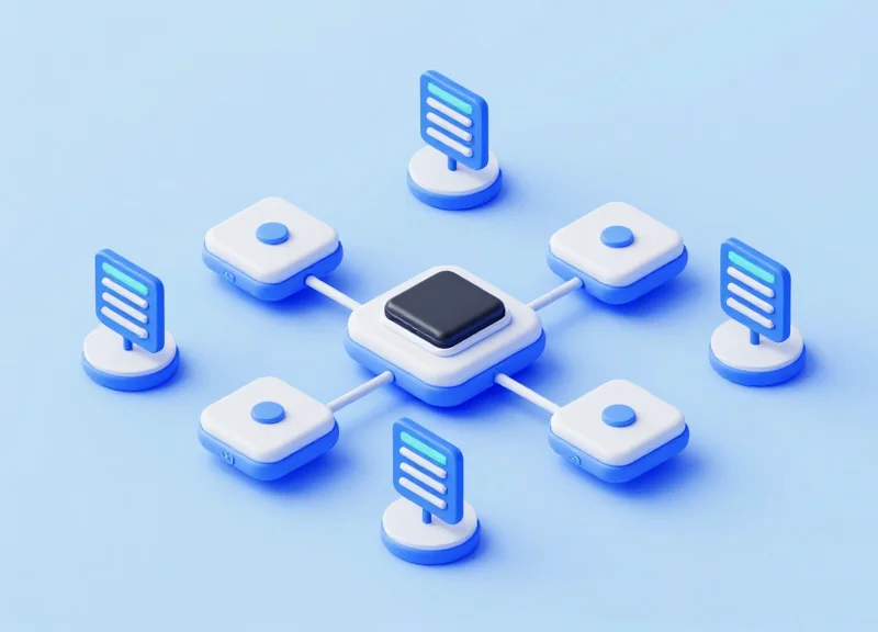 Isometric 3D illustration of a supply chain network with RFID nodes and data blocks.