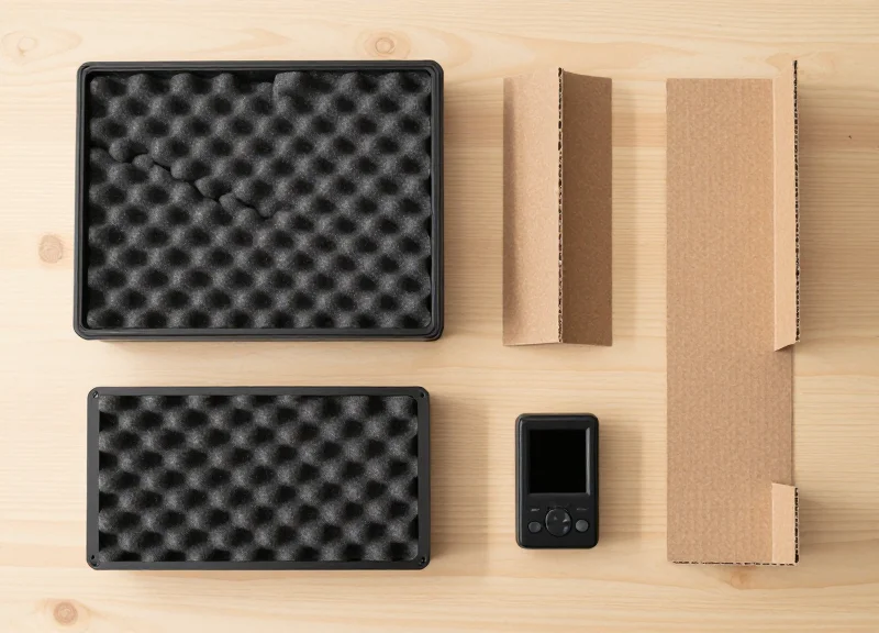 Flat lay photography of shipping packaging components and a sensor arranged neatly.