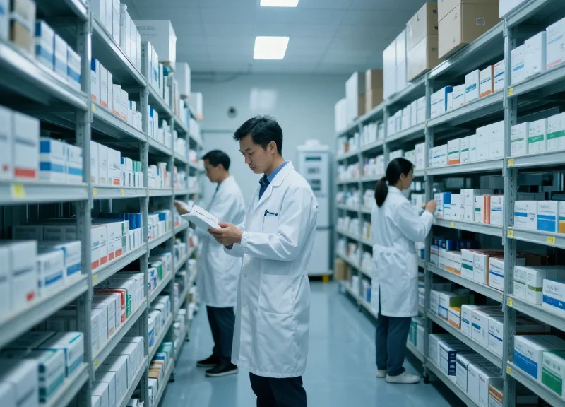 Professional pharmaceutical logistics warehouse with temperature-controlled containers and workers in lab coats.
