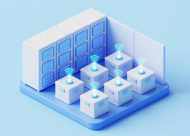 Isometric view of a cold storage facility with RFID tags placed on medical supply crates.