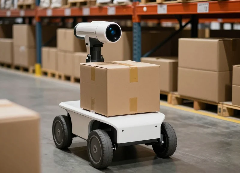 An autonomous mobile robot in a modern warehouse scanning packages equipped with integrated sensor tags.
