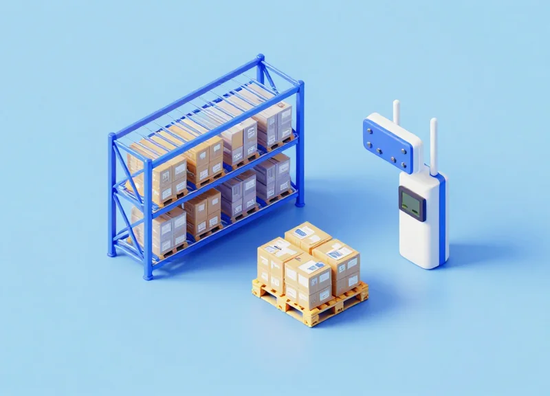 Isometric 3D view of a pallet tracking gate with multiple RFID antennas ensuring full coverage.