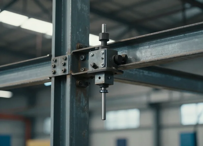 Close-up of a rugged RFID reader installed on a steel beam in a harsh industrial setting.