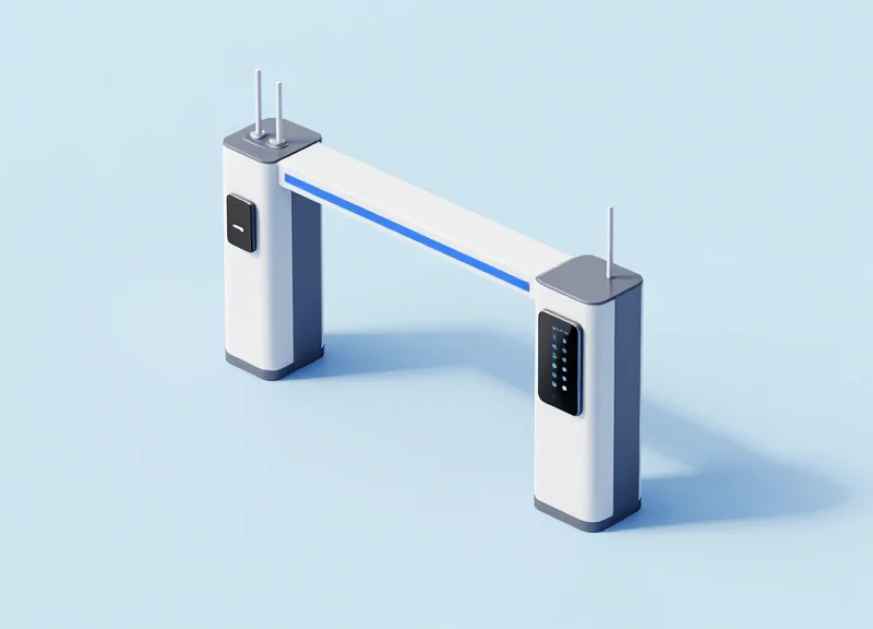 Isometric 3D illustration of a smart gate channel with integrated 16-port RFID reader and antennas.