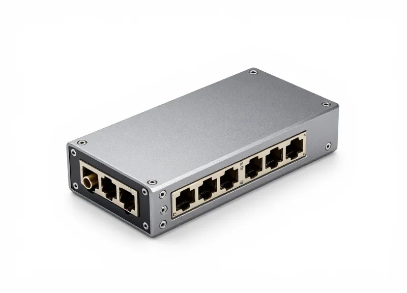 A professional studio shot of an industrial 16-port RFID fixed reader hardware.