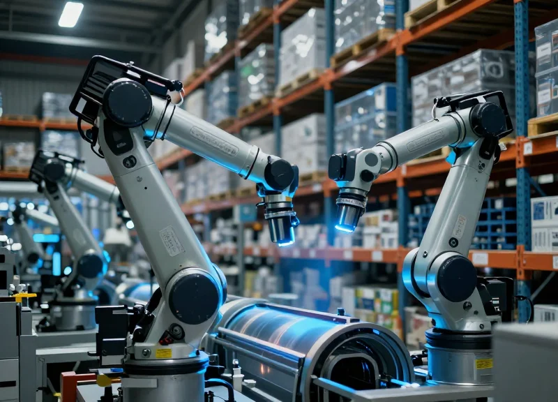 A futuristic automated warehouse scene in 2026 with robotic arms and advanced sensors under cinematic lighting