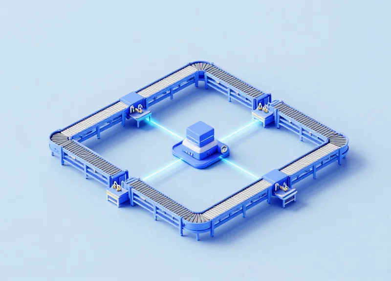 3D isometric model of a warehouse conveyor system synchronized by a central hub with glowing connectivity lines