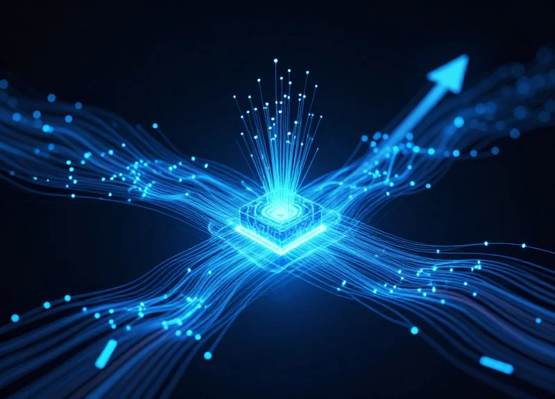 A neural network visualization of data flowing through a supply chain integrated with AI nodes