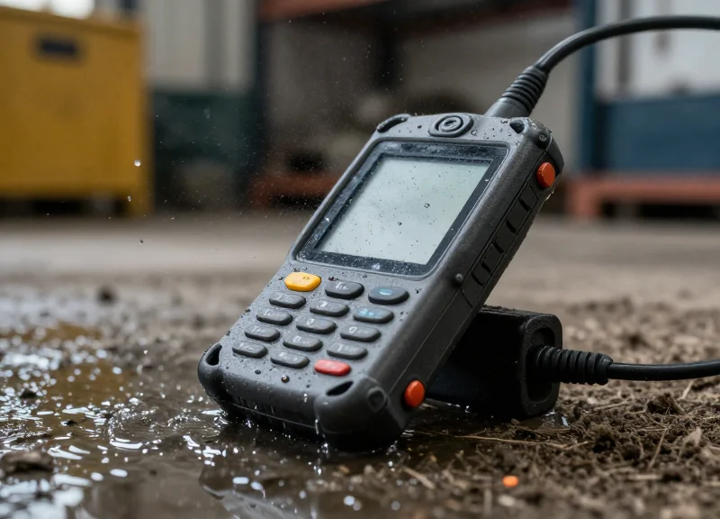 A rugged industrial PDA being splashed with water and dust in a warehouse setting, demonstrating IP67 protection.