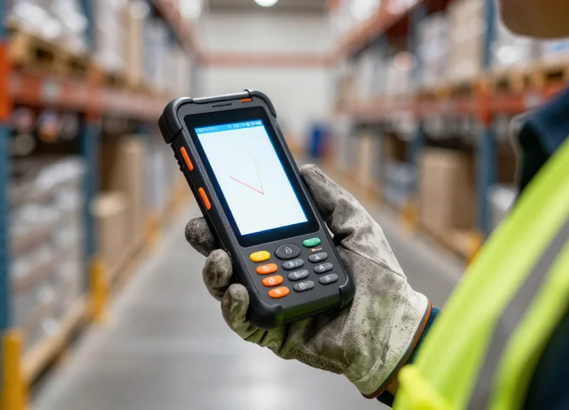 A worker in a warehouse holding a rugged PDA with a bright high-definition screen, showing ease of use and ergonomics.