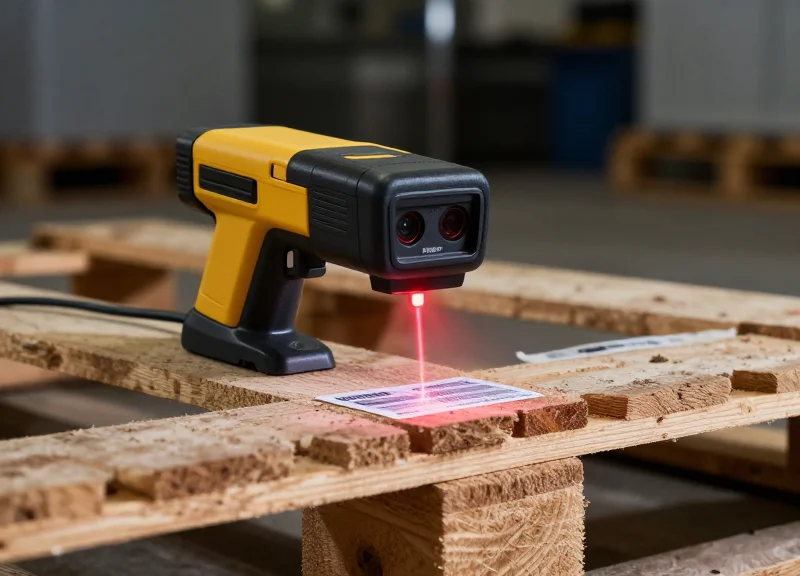An industrial PDA scanning a barcode on a pallet in a distribution center with a visible laser beam.