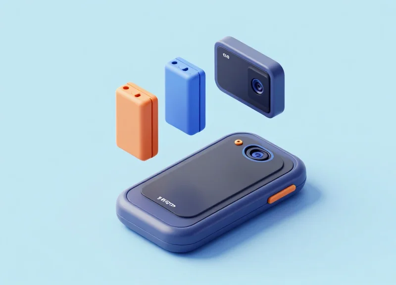 Isometric 3D model showing the modular design of a rugged PDA with interchangeable battery and scanner parts.